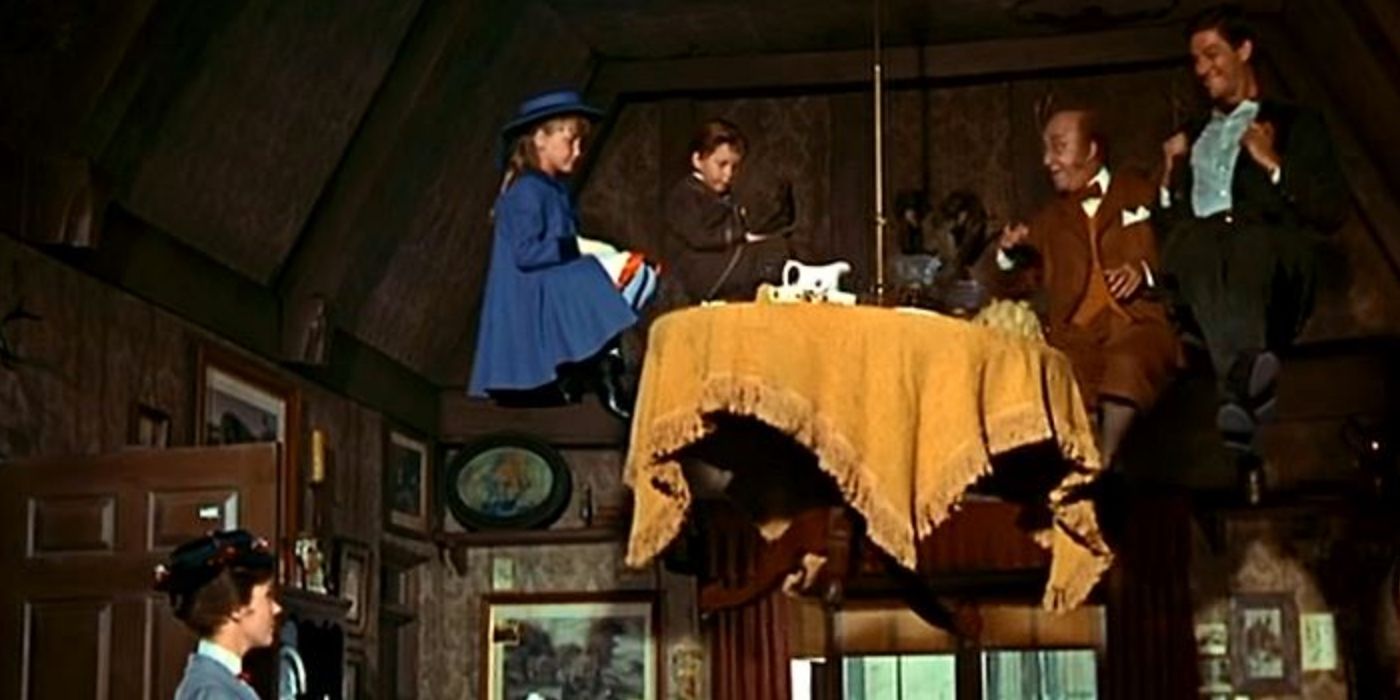 The Mary Poppins characters have tea time with Uncle Albert at a hovering table in Mary Poppins