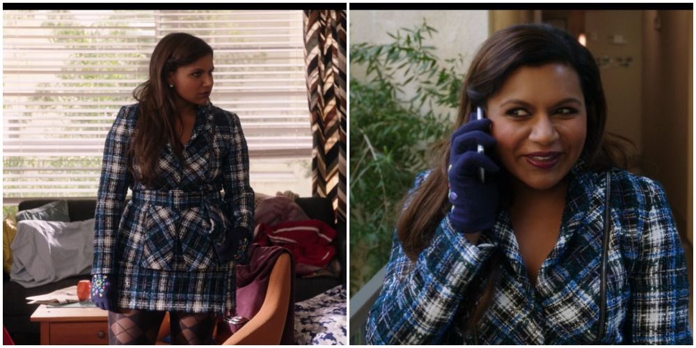Mindy in blue/white check suit