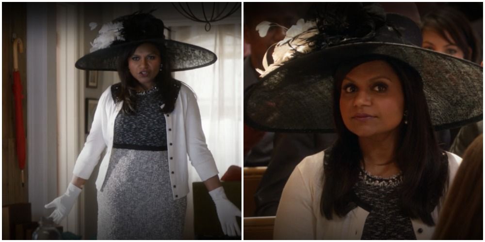 Mindy in white suit with giant black hat