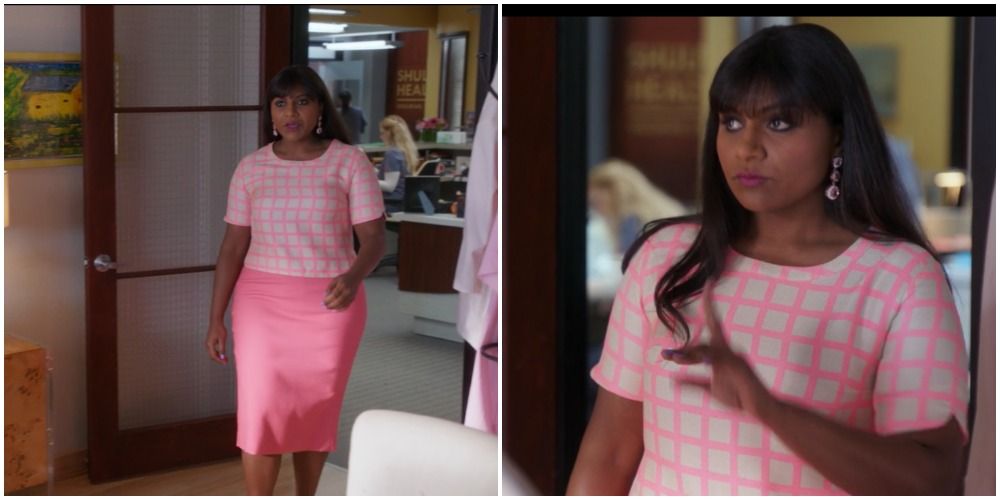 Mindy in solid pink shirt and pink/white check shirt