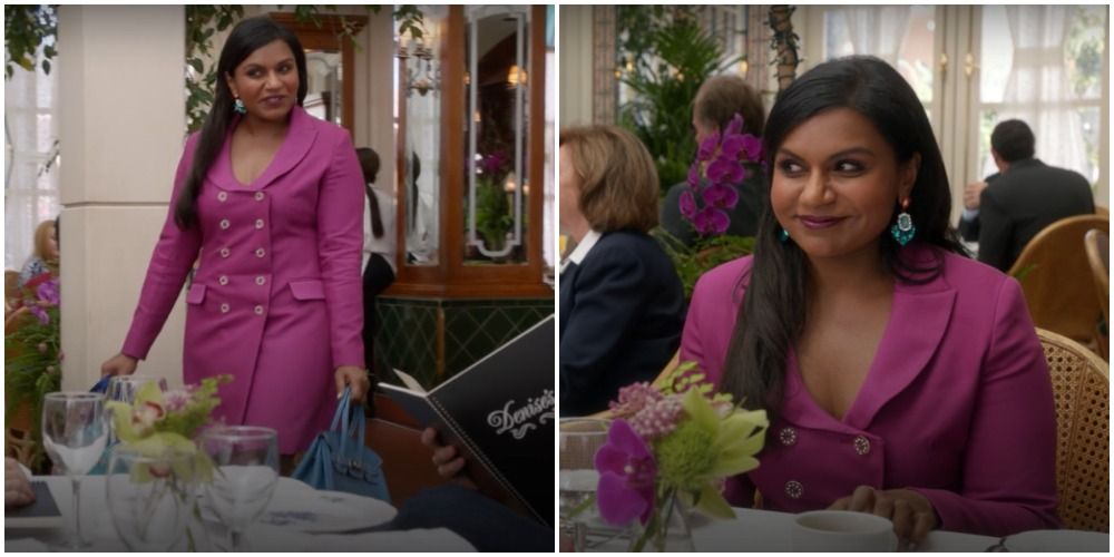 Mindy in pink dress with gold buttons
