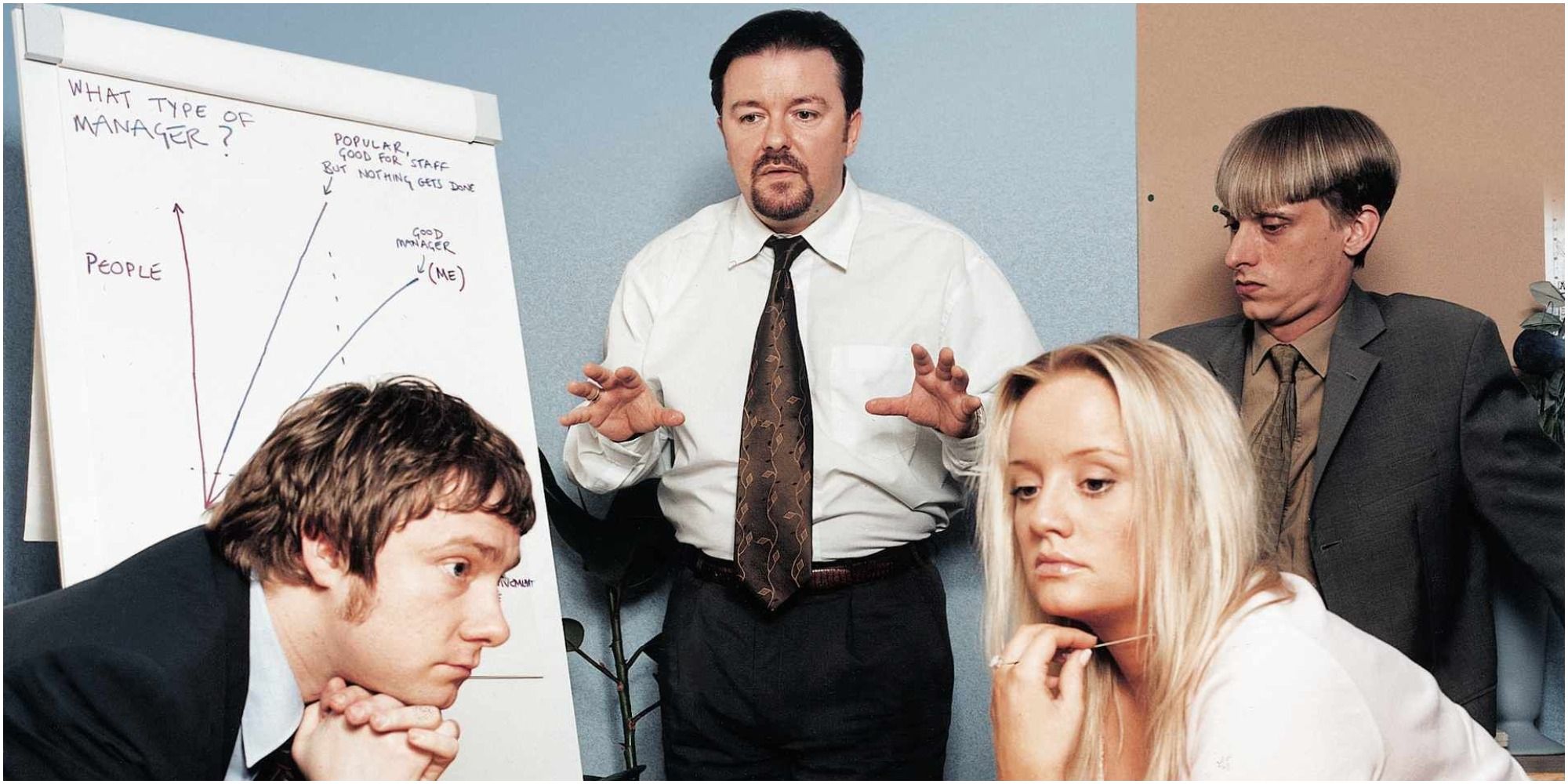 A promotional image, featuring David Brent, Tim Canterbury, Dawn Tinsley and Gareth Keenan, for The Office (UK)