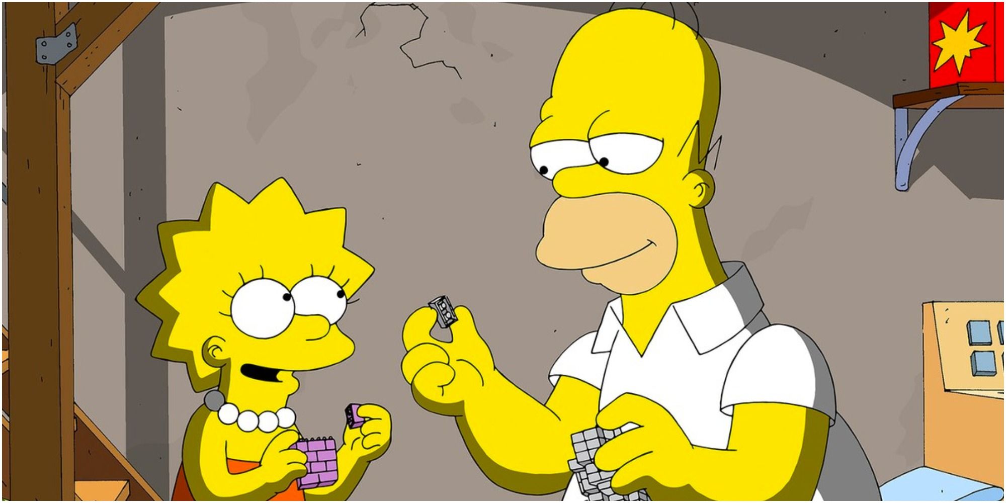 Homer and Lisa Simpson setting up Lego bricks