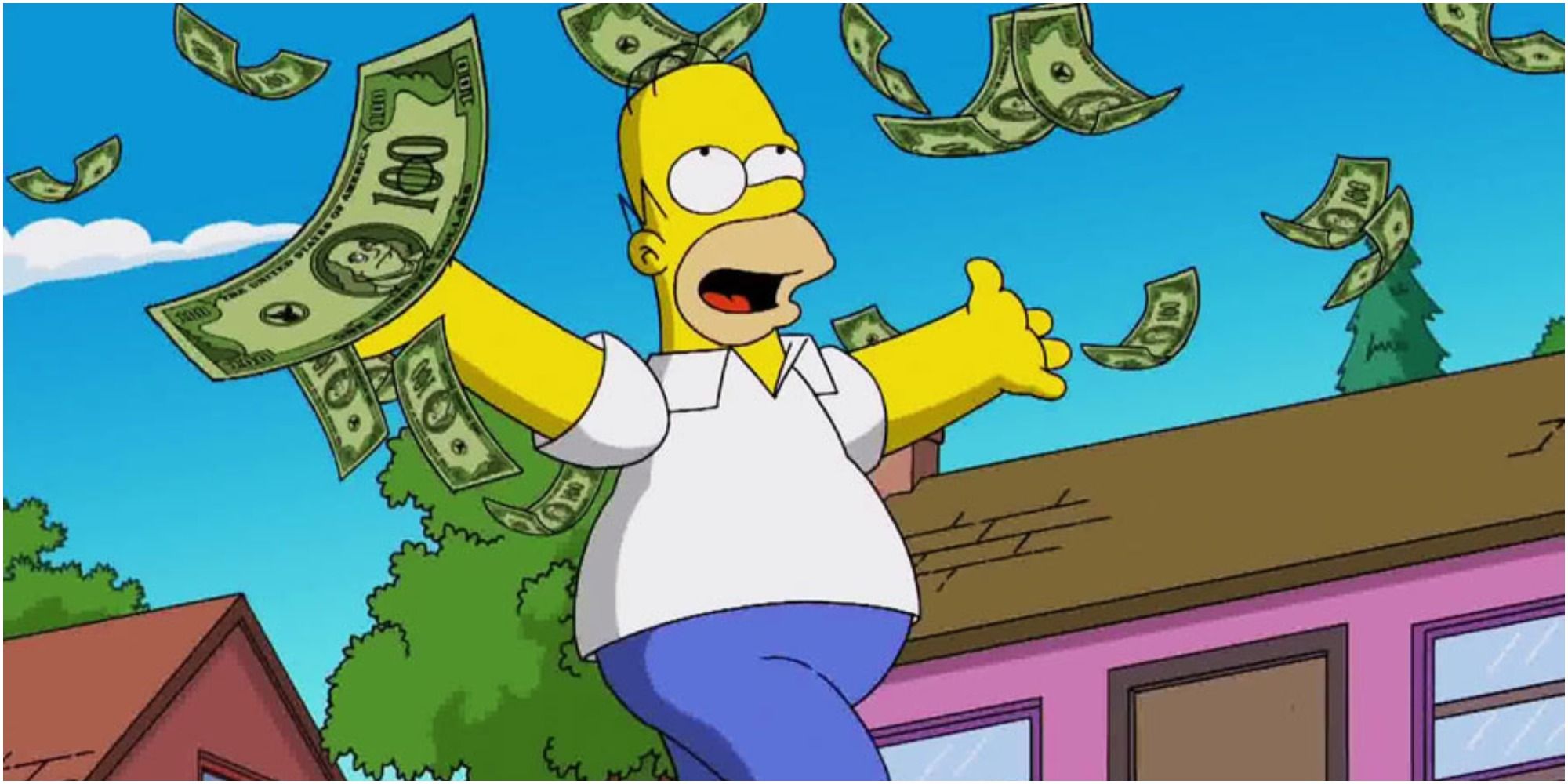 Homer Simpson walking on a lane raining with money