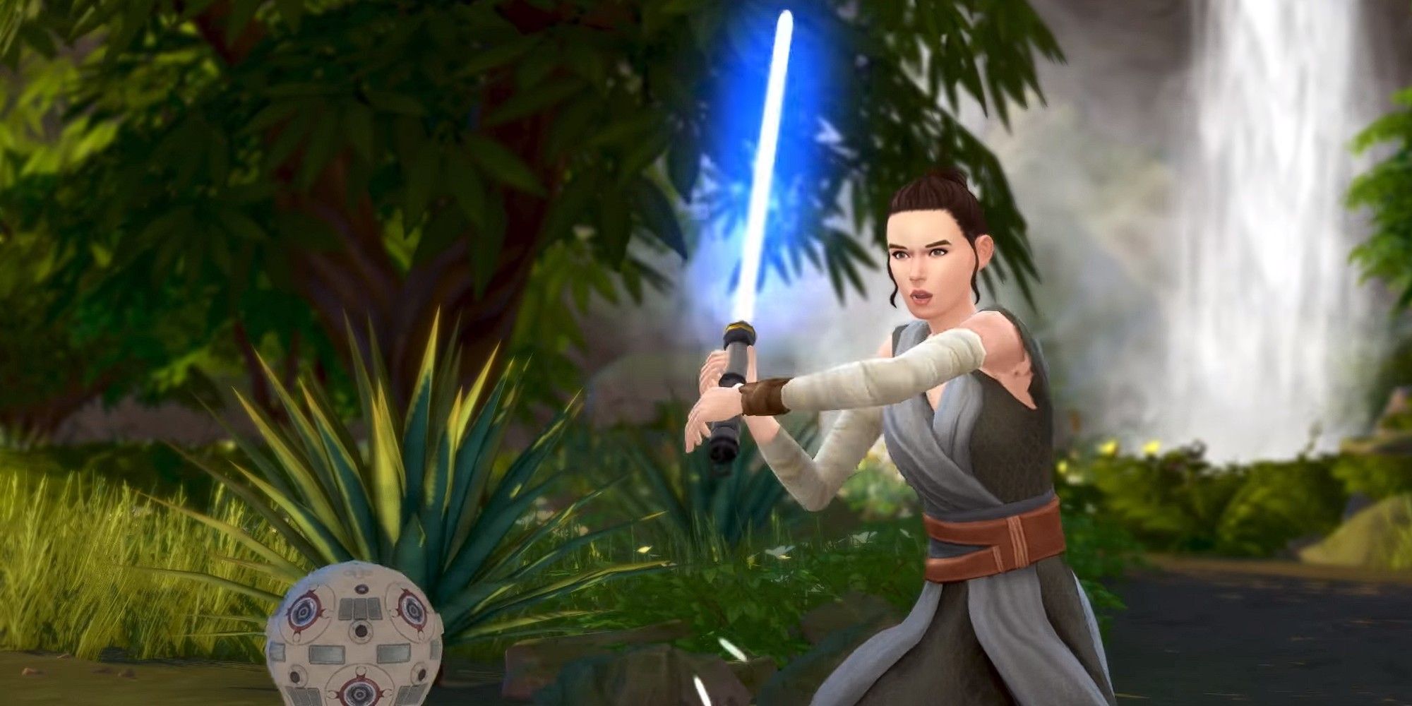 Rey practices with her lightsaber in the Resistance Encampment in The Sims 4