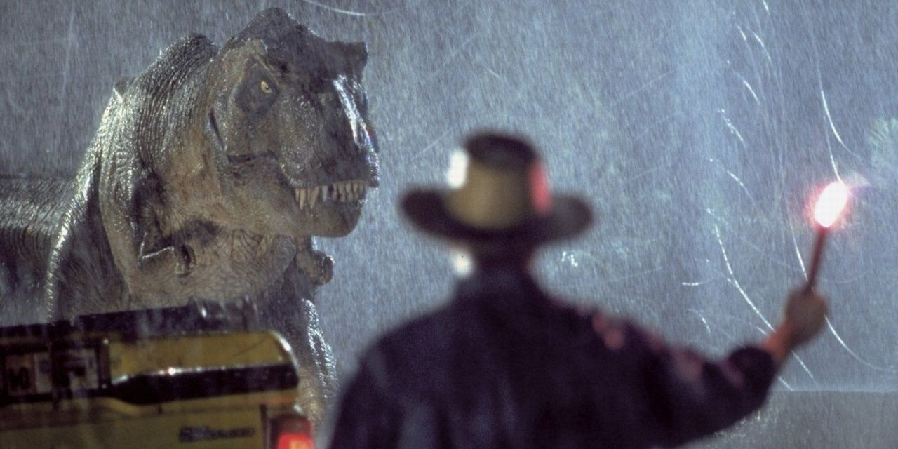 The T rex attack in Jurassic Park