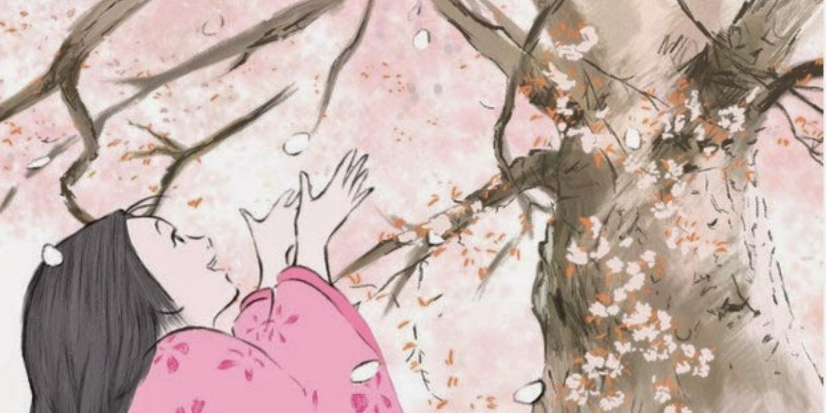 Kaguya reaching for a cherry blossom tree in The Tale of the Princess Kaguya