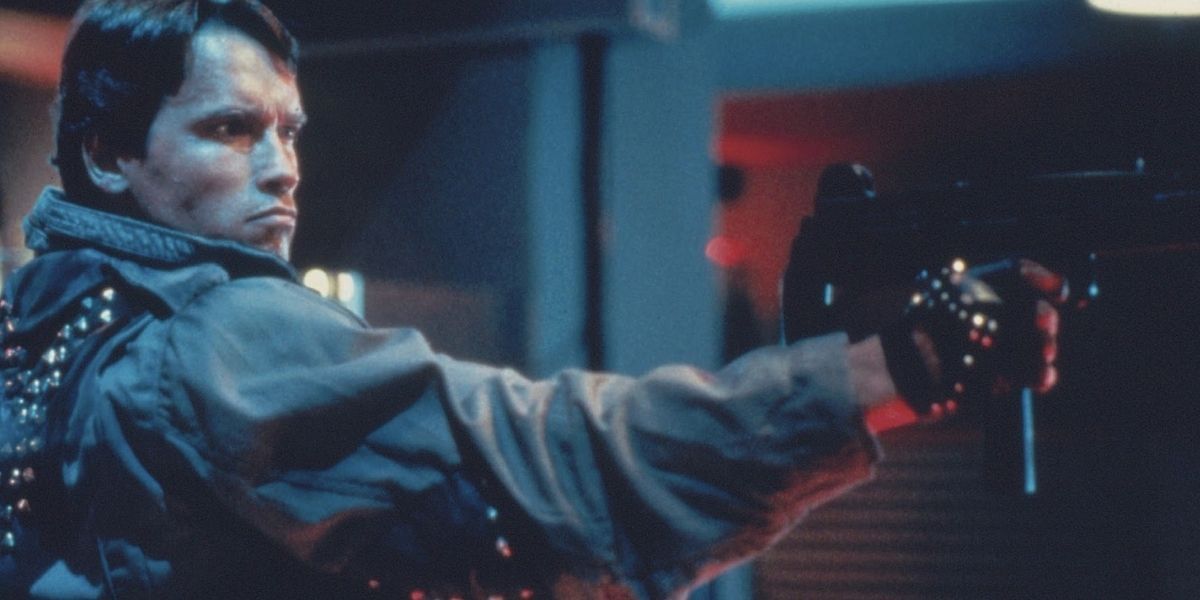 Arnold Schwarzenegger with a gun in The Terminator