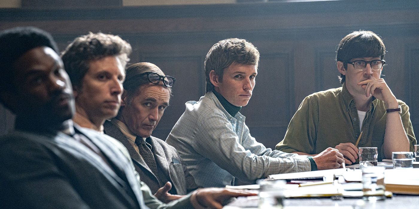 Eddie Redmayne in an emsemble cast in The Trial of the Chicago 7