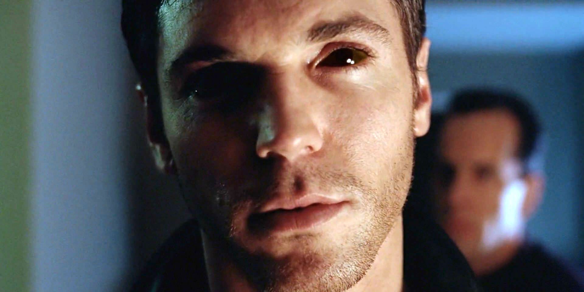 This image shows Black Oil eyes caused by Purity on the character Krycek.