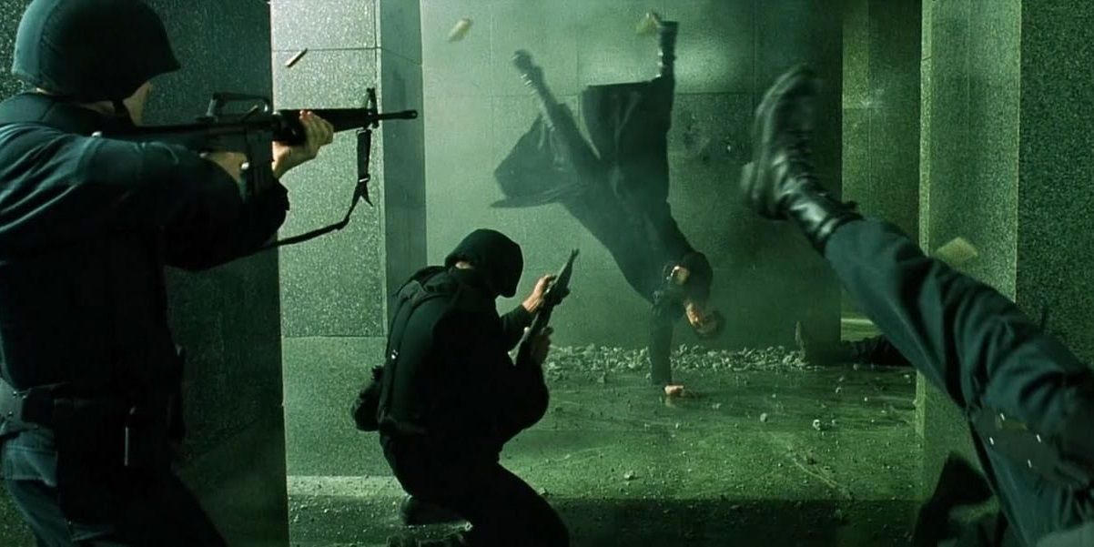 The lobby shootout in The Matrix