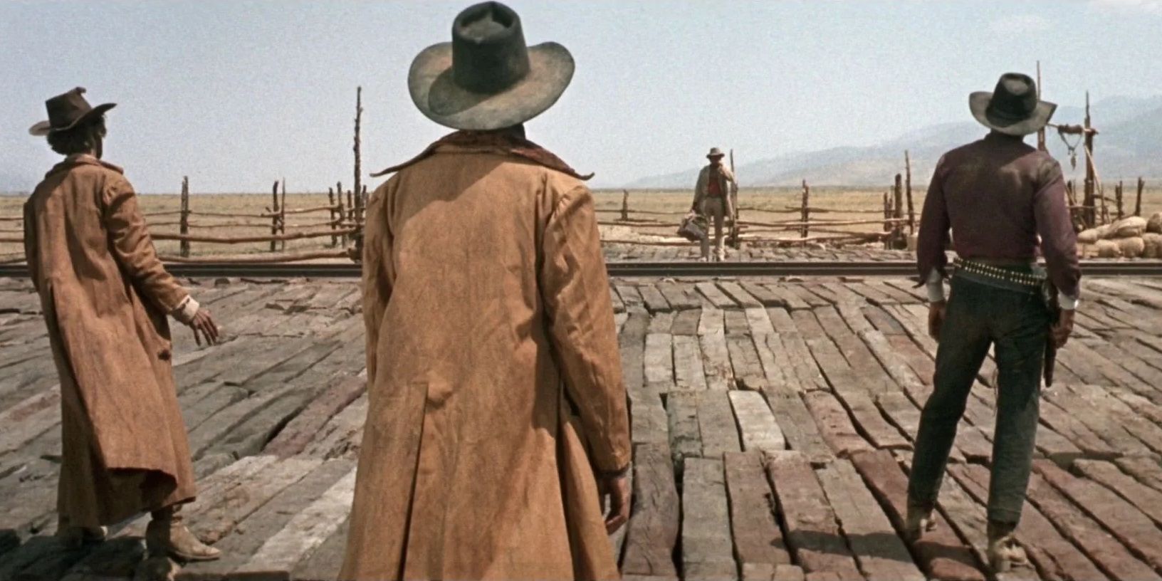 Three gunmen at a train station in the opening scene of Once Upon a Time in the West
