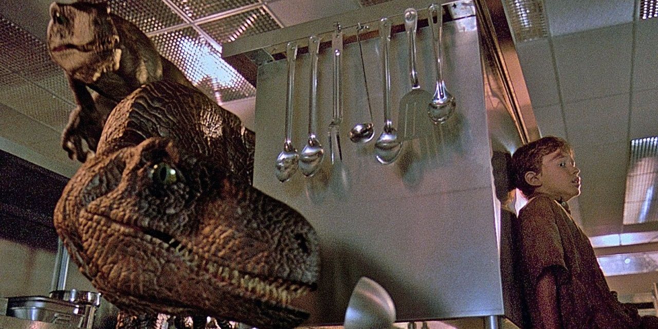 The raptors in the kitchen in Jurassic Park