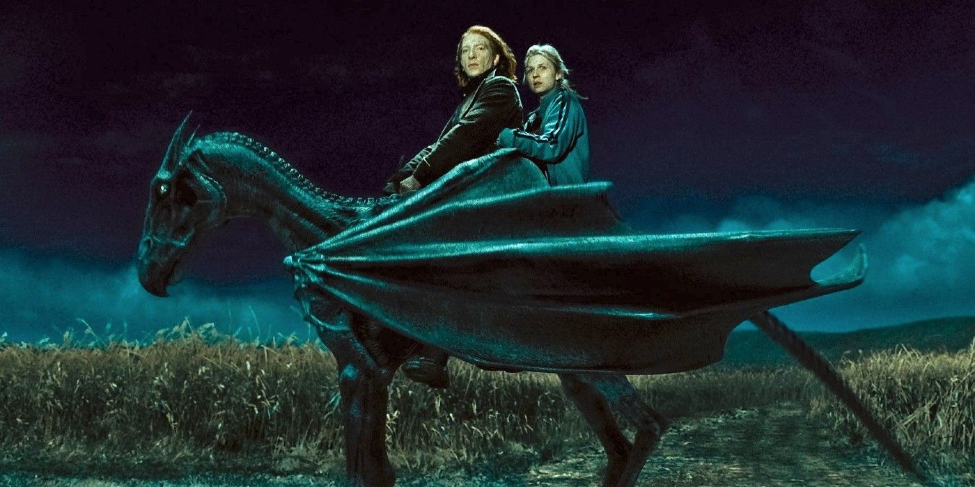 Bill and Fleur ride a Thestral in Harry Potter