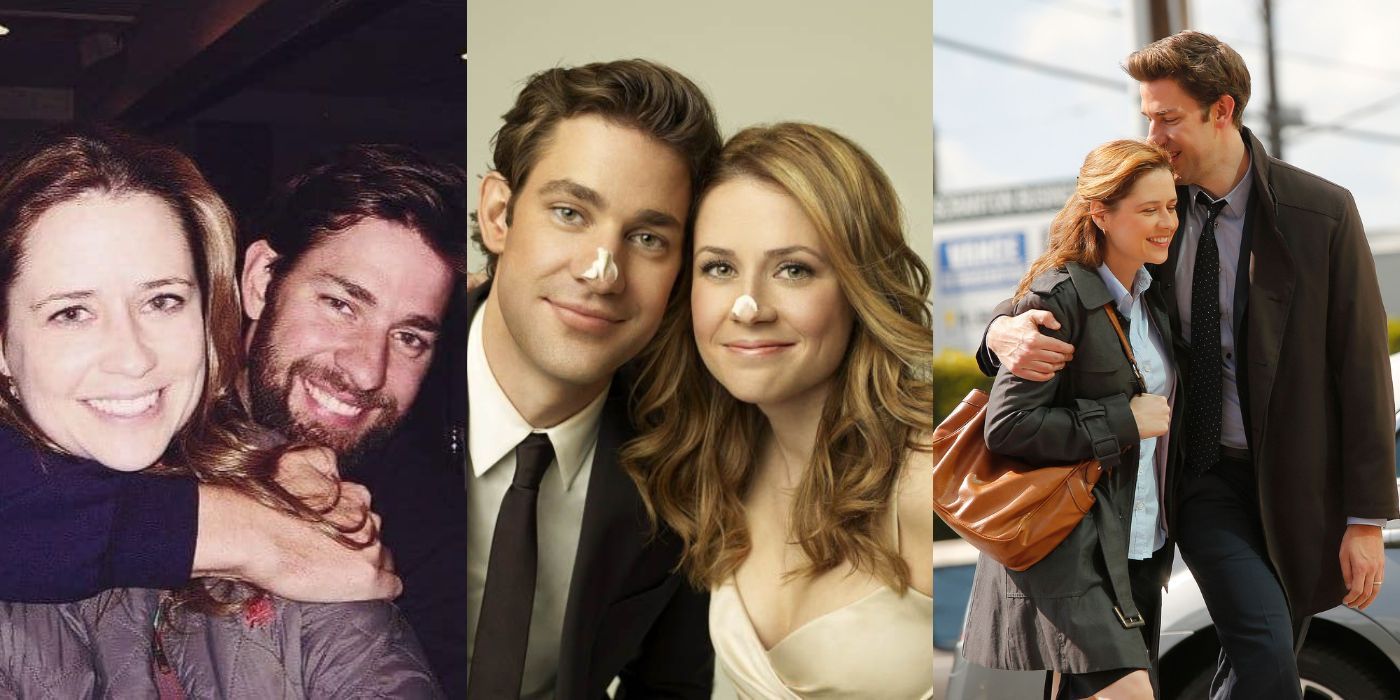 Three Side By Side Images Of John Krasinski And Jenna Fischer From The Office 