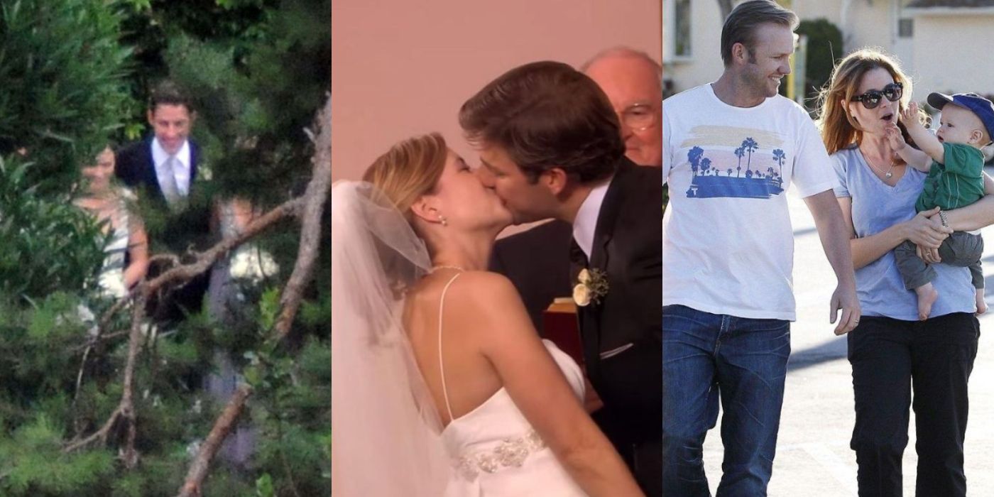 Three side by side images of John Krasinski and Jenna Fischer with their partners and on The Office