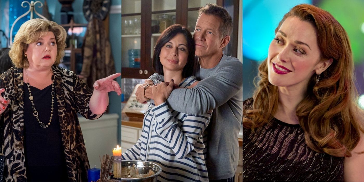 Split image of Martha pointing, Sam hugging Cassie, and Abigail smiling from Hallmark's Good Witch