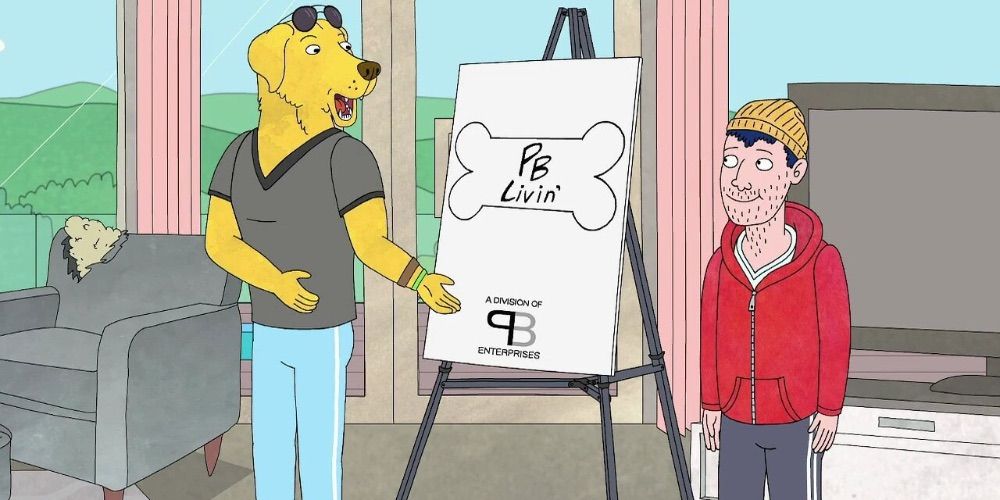 Todd and Mr. Peanutbutter In Front of PB Livin' Sign On Bojack