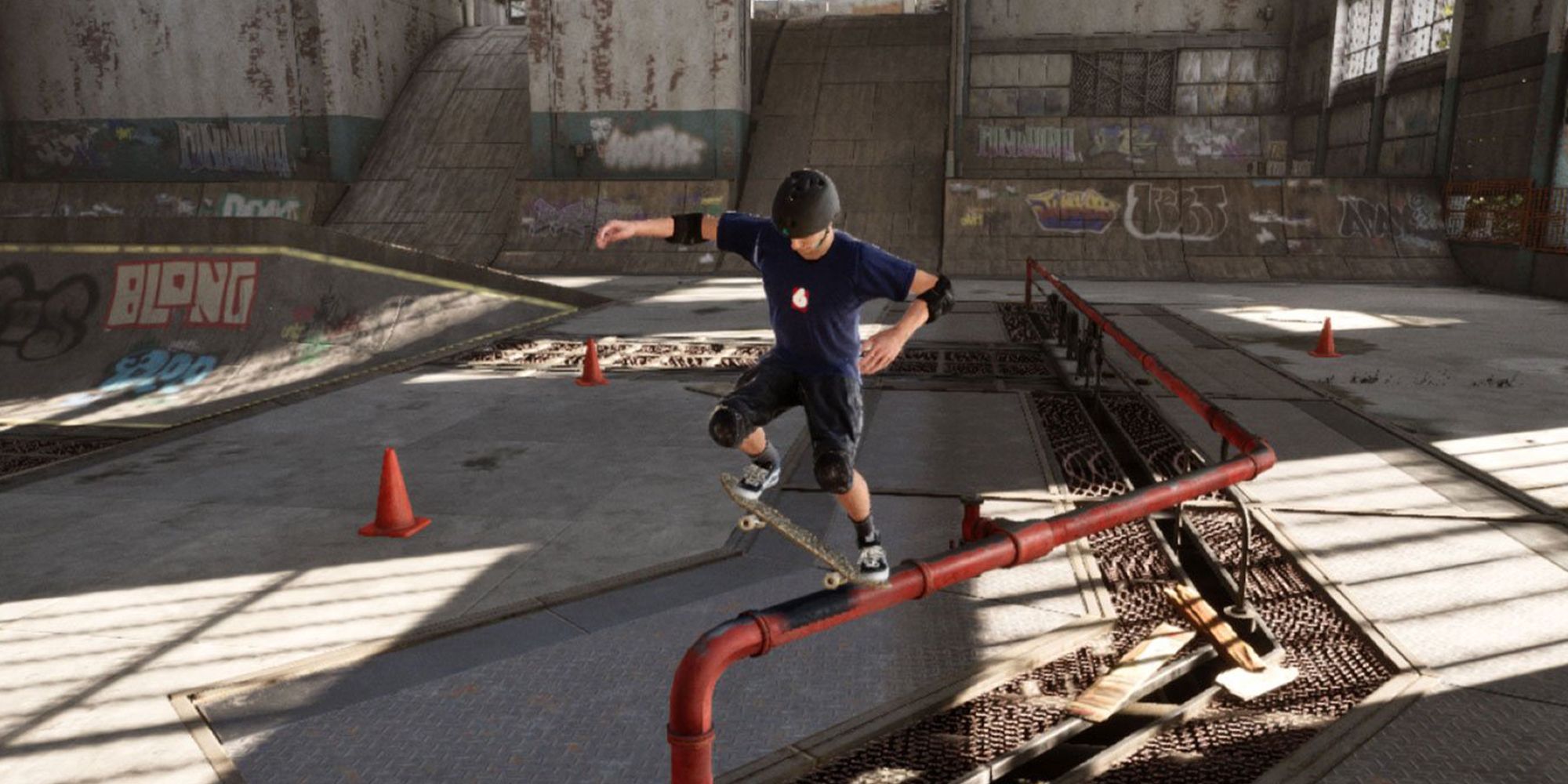 The skater grinds along a rail in Warehouse in Tony Hawk’s Pro Skater 1+2