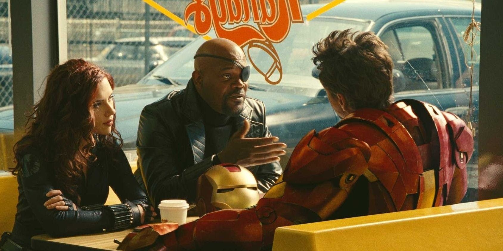Tony, Nat, and Nick Fury in Iron Man 2
