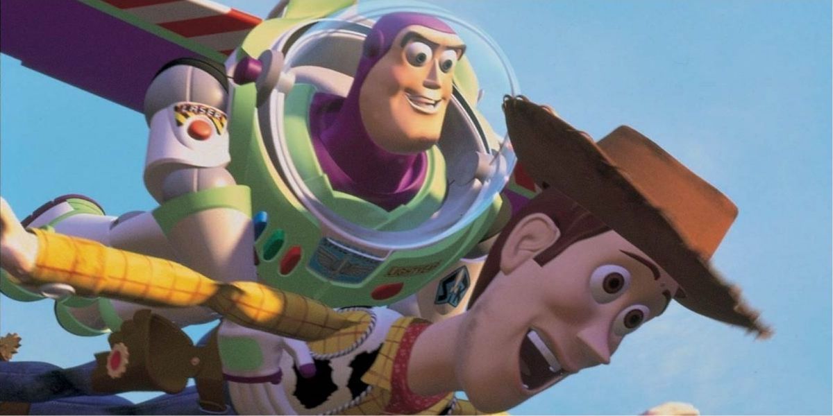Woody and Buzz flying