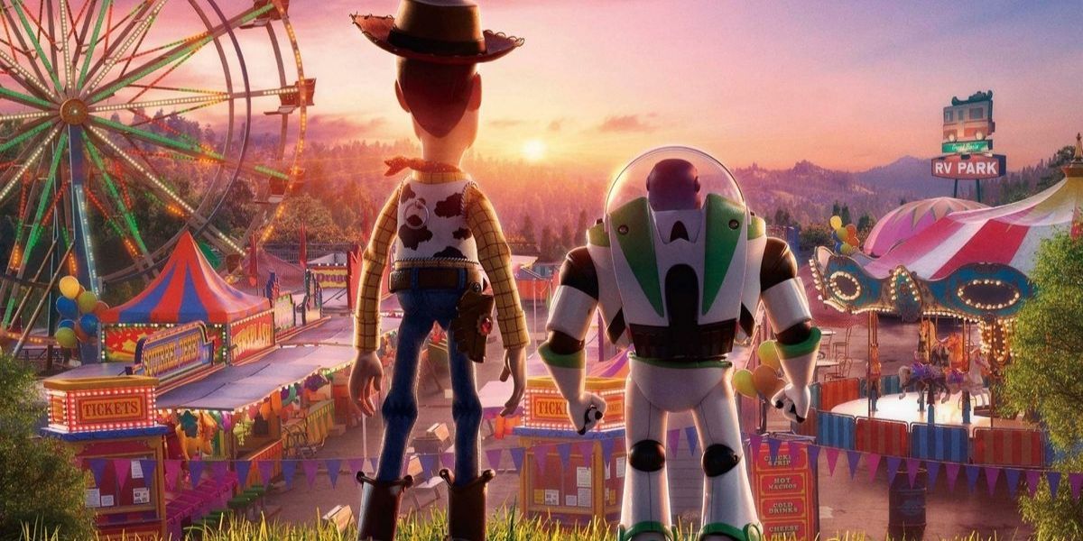 Woody and Buzz looking out over the carnival in Toy Story 4