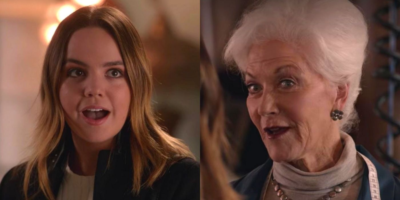 Two images of Grace looking shocked next to a woman who taught her about fashion on The Good Witch