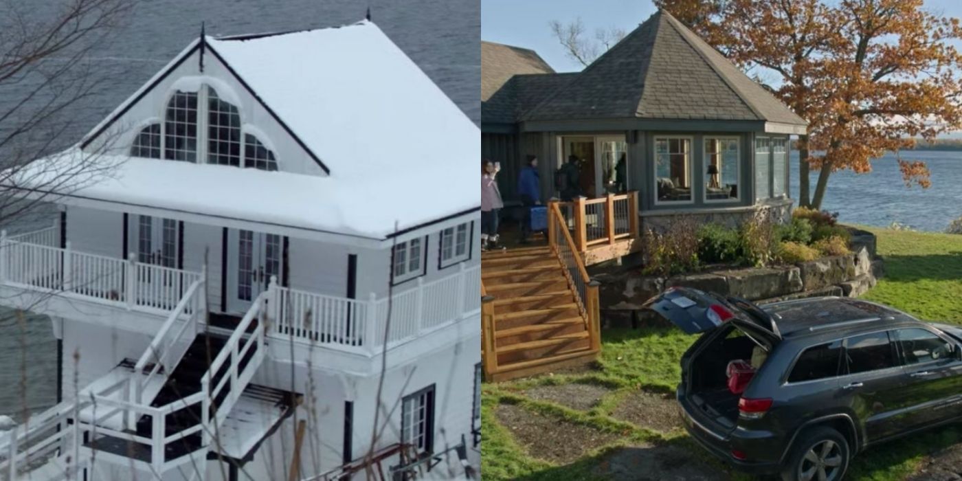 Two side by side images of Sam's different lake houses in The Good Witch