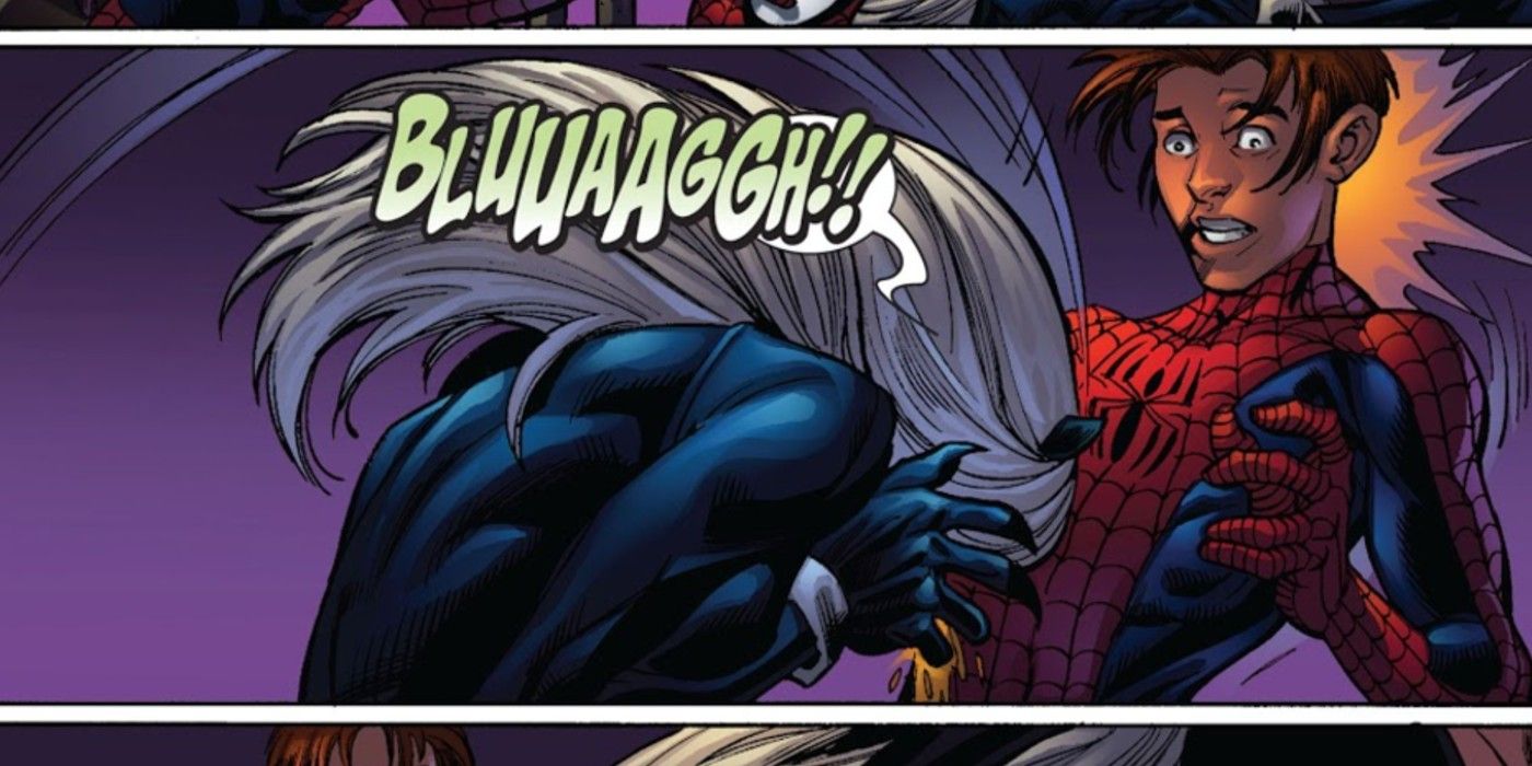 Ultimate Black Cat throws up on Spider-Man in Marvel Comics.