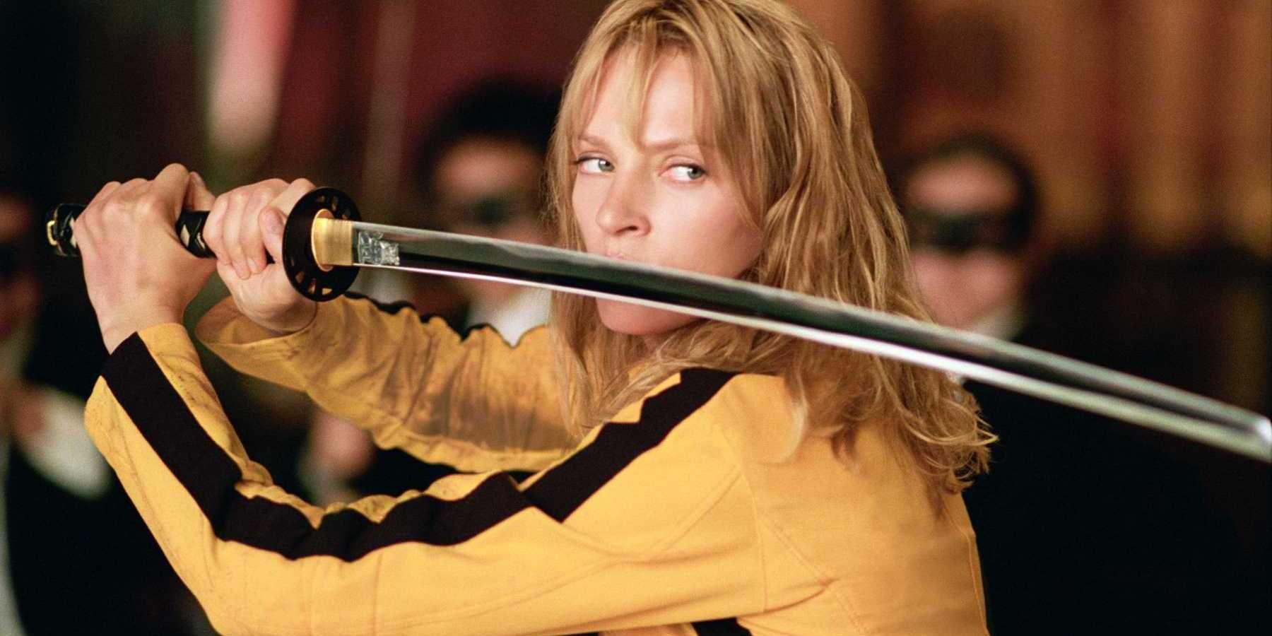 Uma Thurman in Quentin Tarantino's Kill Bill Volume 1 with samurai sword.