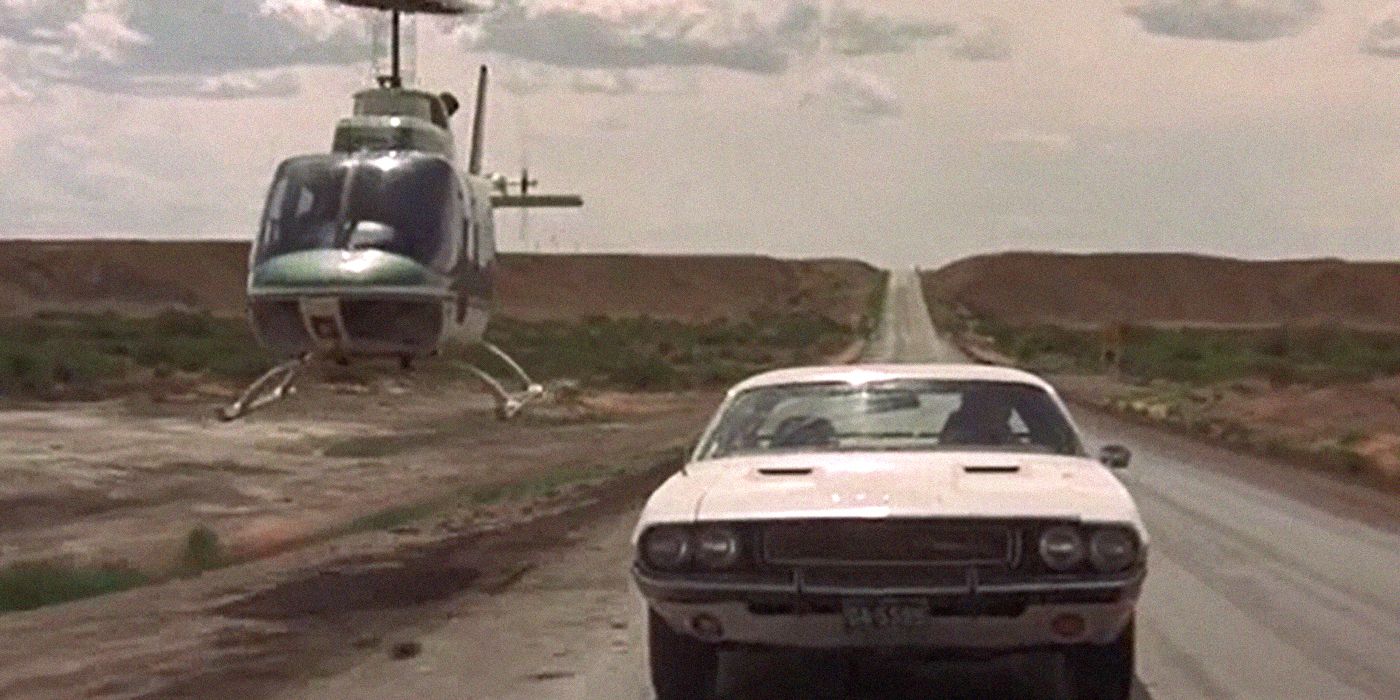 A helicopter chasing a car in Vanishing Point