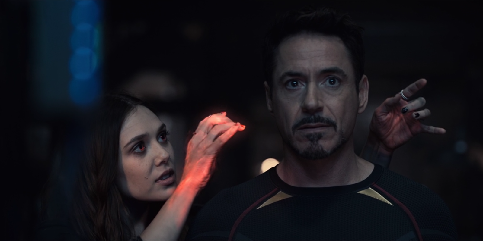 Scarlet Witch (Wanda Maximoff) hypnotizing Tony Stark at HYDRA research base in Sokovia in Avengers: Age of Ultron.