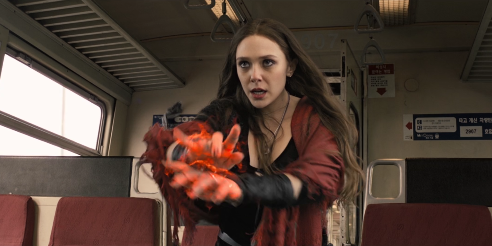 Scarlet Witch (Wanda Maximoff) on the train in Seoul, South Korea;  Avengers: Age of Ultron