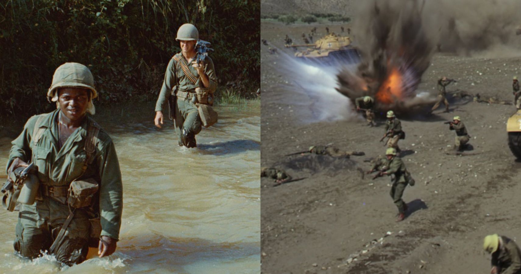 Two vertical images of war movies