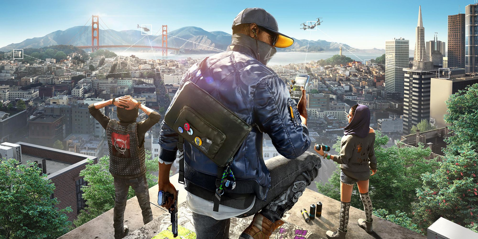 Arte da capa de Watch Dogs 2 mostrando 3 personagens em um ponto de vista sobre uma cidade