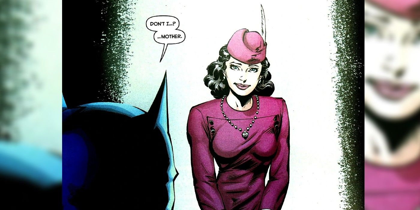 Comic book panel: Batman faces his mother, Martha Wayne.
