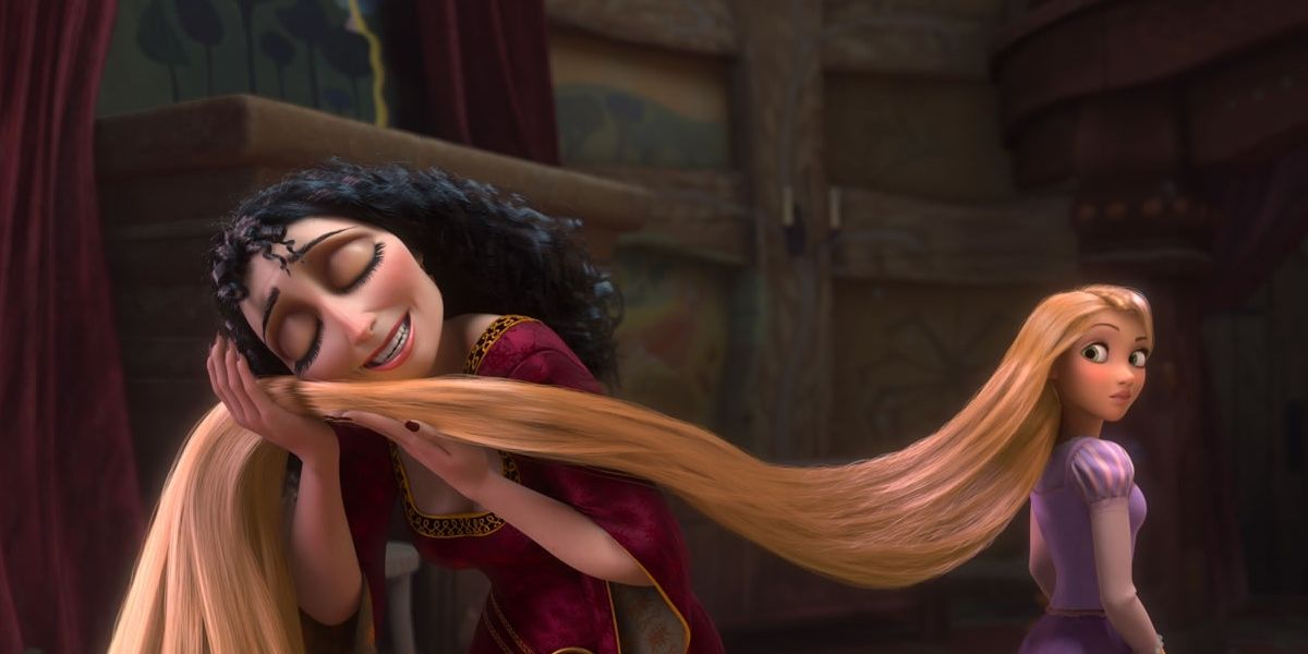 Mother Gothel hugs Rapunzel's hair on Tangled