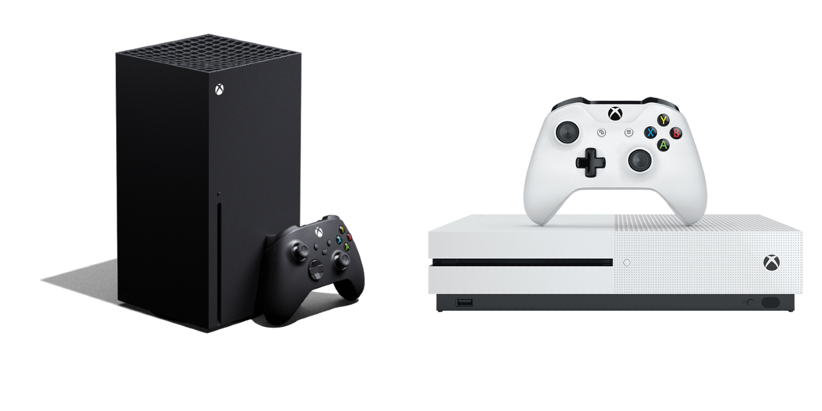 A split-screen image of an Xbox Series X and an Xbox One