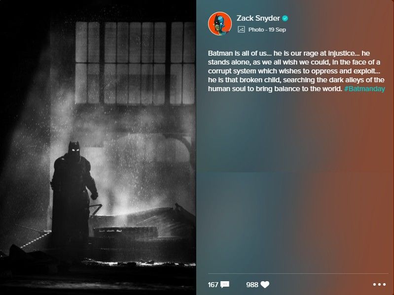 Zack Snyder Celebrates #BatmanDay With New BvS Ben Affleck Image full image and caption