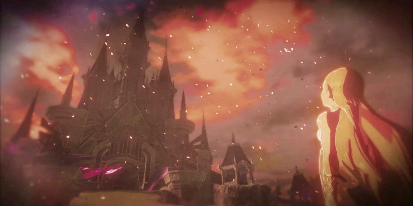 Princess Zelda looks up at Hyrule Castle, which is shrouded in Calamity Ganon's Malice.