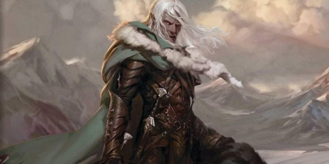 Drizzt Do'Urden, the iconic DnD drow, standing in an icy mountainous landscape, with his white hair and cape billowing.