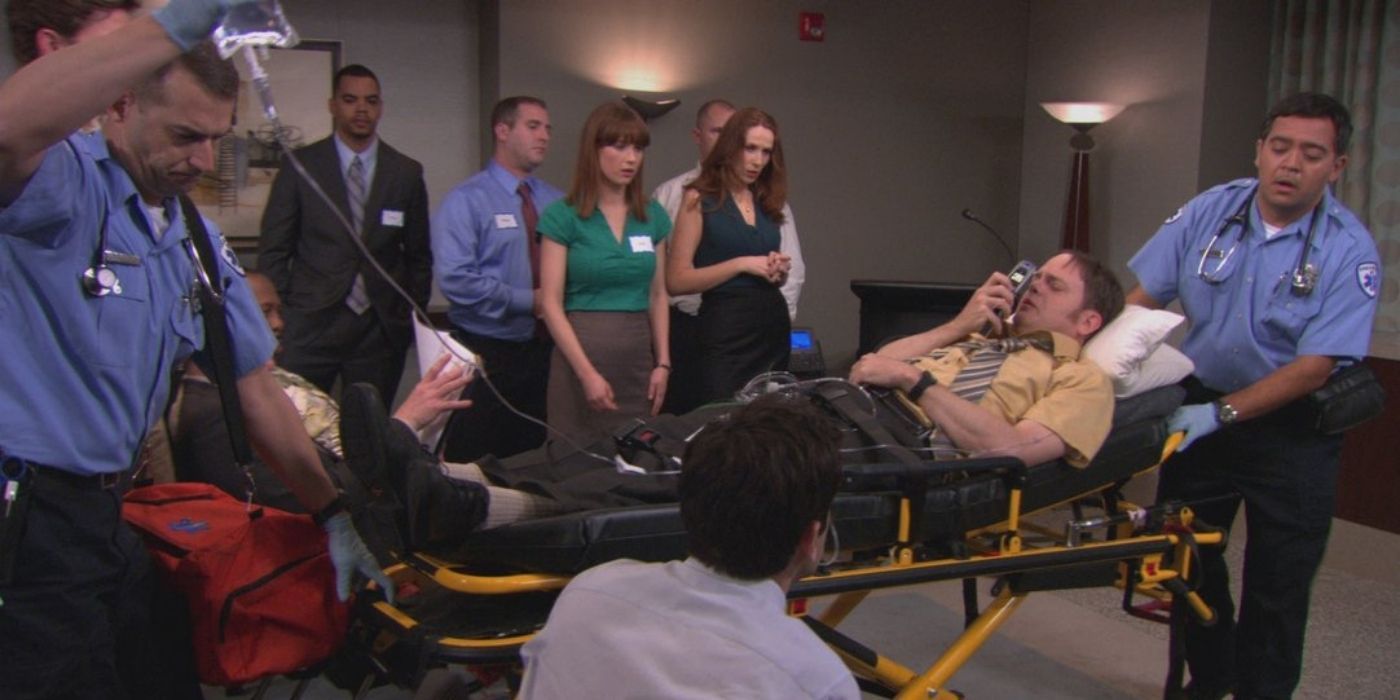 Dwight on a stretcher in Tallahassee in The Office