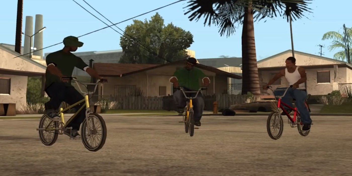Three men sit around on bikes in GTA San Andreas.
