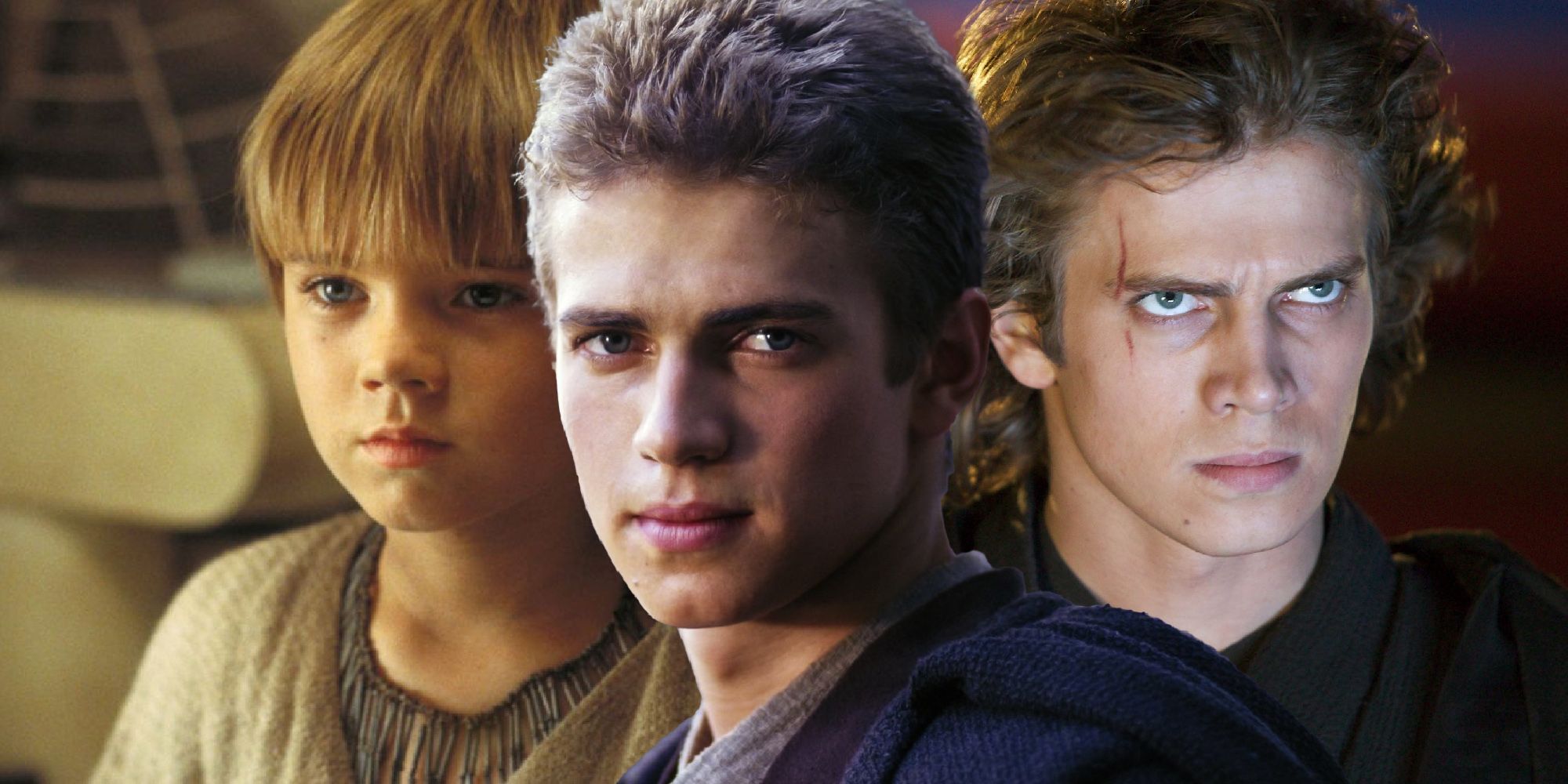 Jake Lloyd as young Anakin Skywalker to the left and Hayden Christensen as Anakin in Attack of the Clones in the middle and Revenge of the Sith to the right