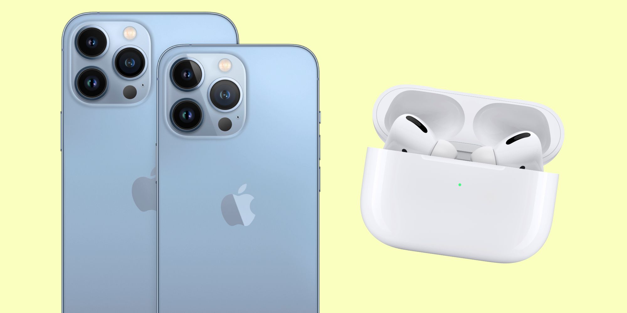 Two iPhones next to a pair of AirPods