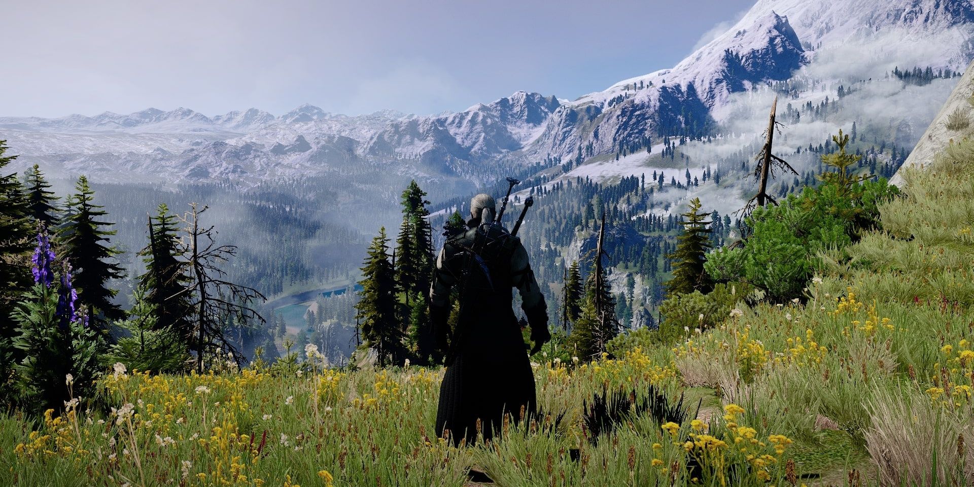 Geralt looks out on the fields surrounding Kaer Morhen