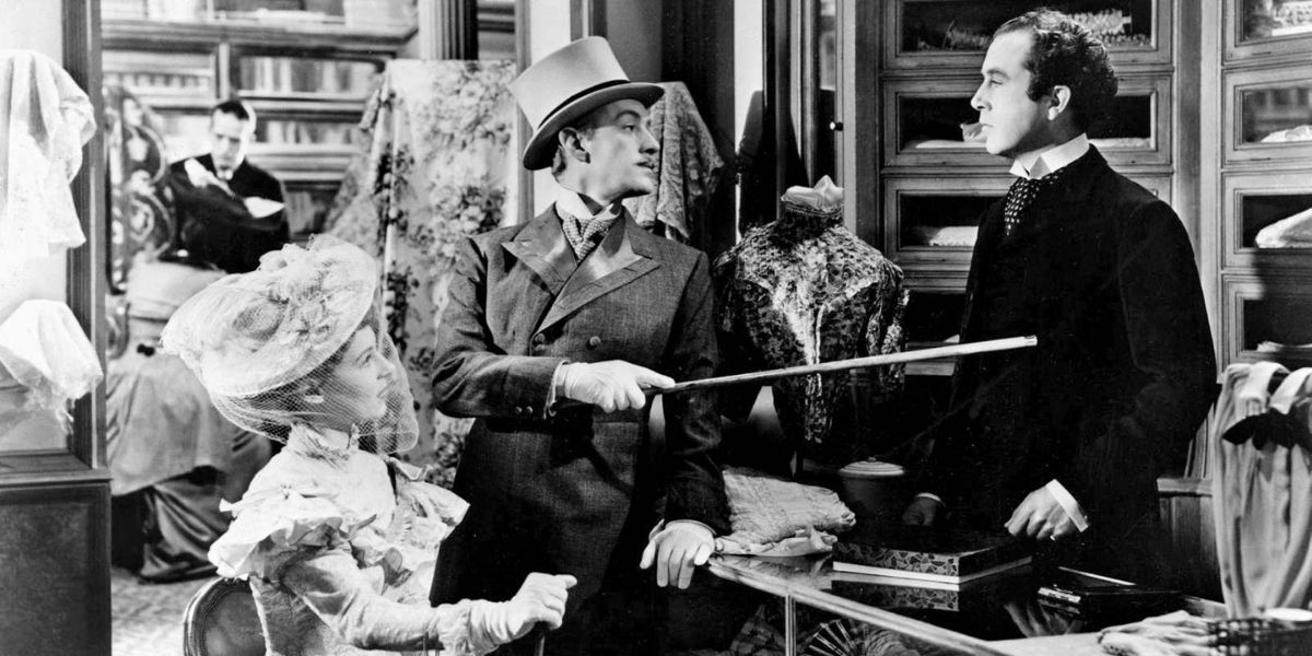 Characters in kind hearts and coronets (1949) in a store