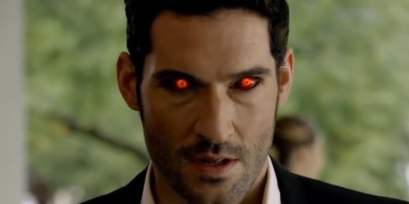 Lucifer staring angrily, his eyes lit up red.