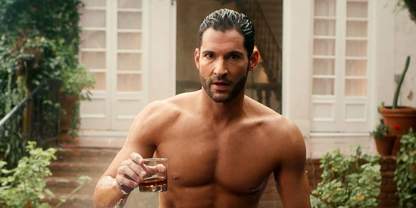 Lucifer shirtless in a pool with a drink in hand in Lucifer.