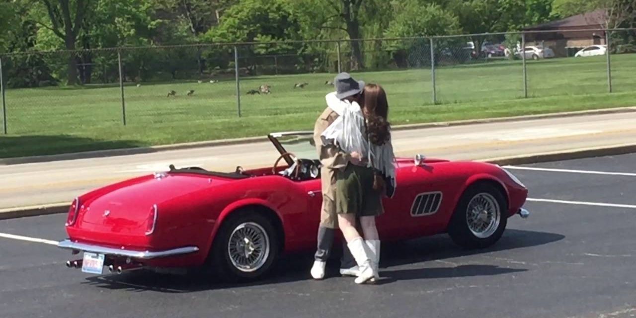 Ferris Bueller's Day Off Ferris Dressed As Mr Peterson Making Out With Sloane By The Car